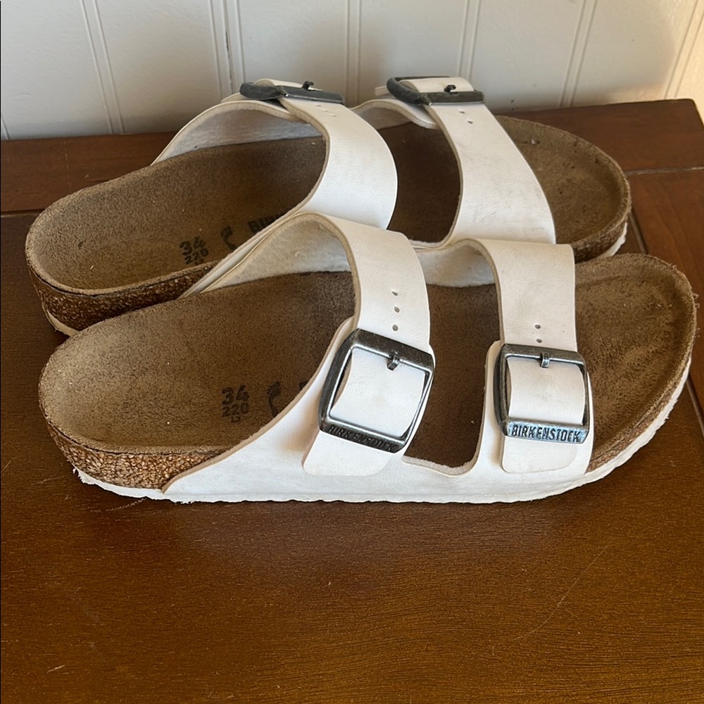 Birkenstock White Sandals with Silver Buckles